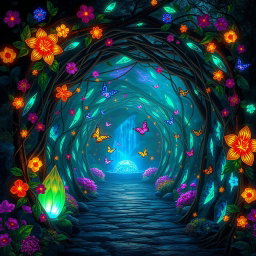 A magical enchanted tunnel, adorned with vibrant, glowing flowers and twisting vines