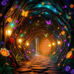 A magical enchanted tunnel, adorned with vibrant, glowing flowers and twisting vines