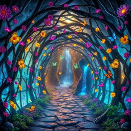 A magical enchanted tunnel, adorned with vibrant, glowing flowers and twisting vines