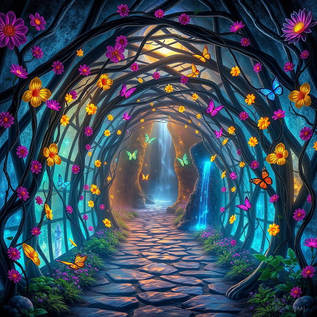 A magical enchanted tunnel, adorned with vibrant, glowing flowers and twisting vines