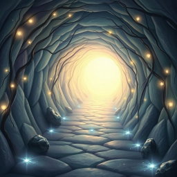 An enchanted tunnel depicted at a 30-degree angle, leading towards a bright light at the end