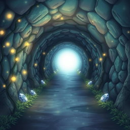 An enchanted tunnel depicted at a 30-degree angle, leading towards a bright light at the end
