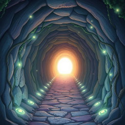 An enchanted tunnel depicted at a 30-degree angle, leading towards a bright light at the end