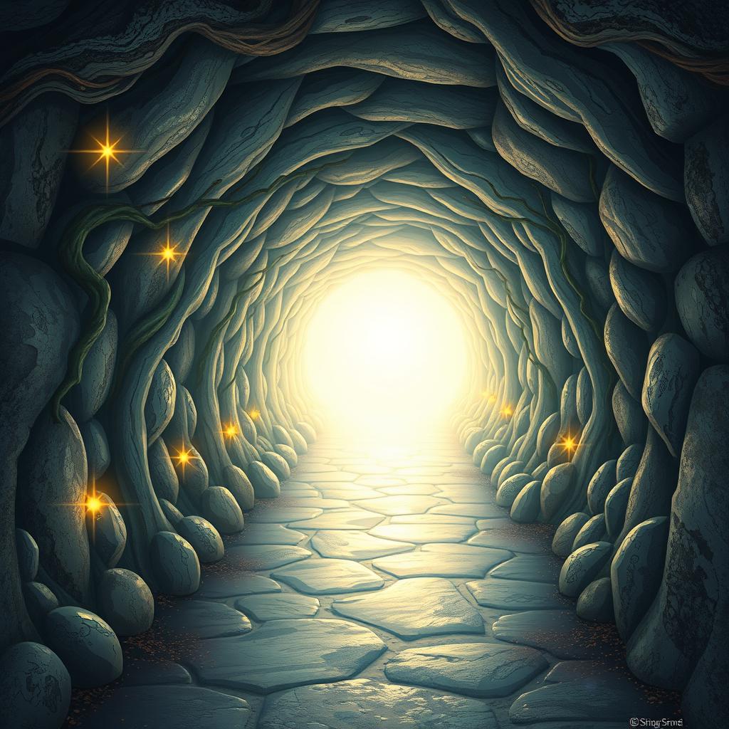 An enchanted tunnel depicted at a 30-degree angle, leading towards a bright light at the end