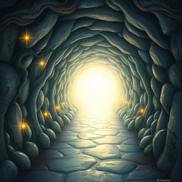An enchanted tunnel depicted at a 30-degree angle, leading towards a bright light at the end
