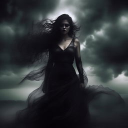 An album cover showing a dramatically mysterious and beautiful ghost woman, in gothic style. She's amidst a tempestuous dark storm, with her dreadfully enchanting aura captivating the scene.