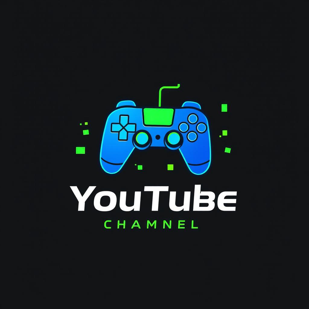 A modern and vibrant logo design for a gaming YouTube channel, featuring bold colors like electric blue and neon green