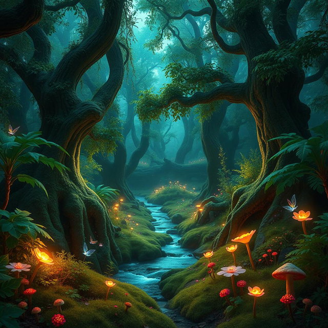 A magical enchanted forest scene at a 90-degree angle perspective