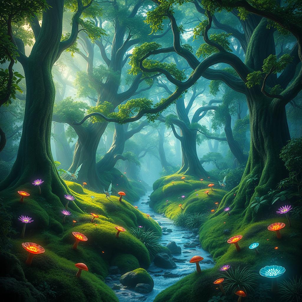 A magical enchanted forest scene at a 90-degree angle perspective
