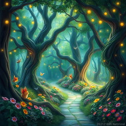 A whimsical enchanted forest featuring vibrant, lush greenery, colorful flowers, and sparkling lights throughout the trees