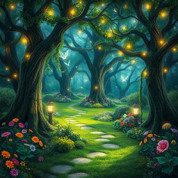 A whimsical enchanted forest featuring vibrant, lush greenery, colorful flowers, and sparkling lights throughout the trees