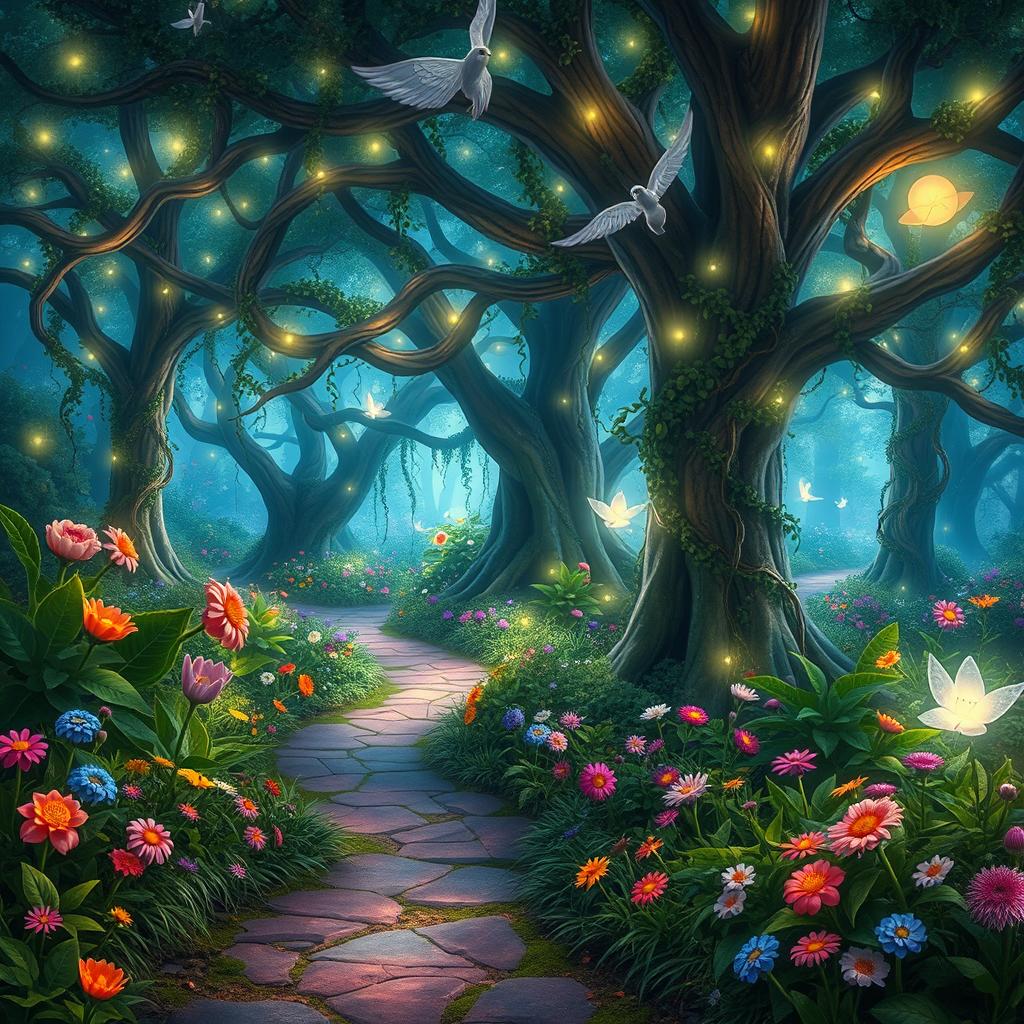 A whimsical enchanted forest featuring vibrant, lush greenery, colorful flowers, and sparkling lights throughout the trees