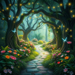 A whimsical enchanted forest featuring vibrant, lush greenery, colorful flowers, and sparkling lights throughout the trees