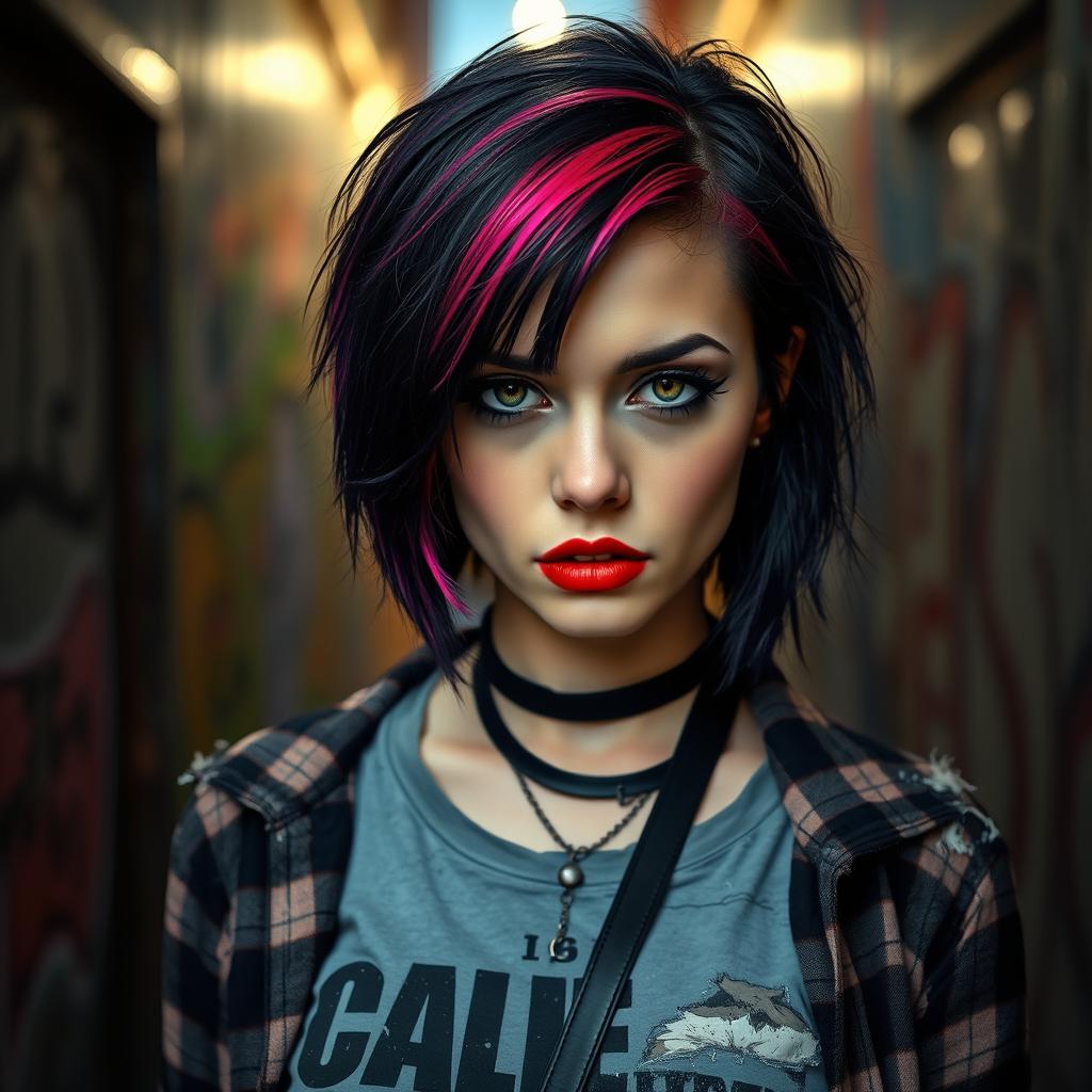 A striking emo style portrait of a young woman with vibrant, dyed black hair, wearing heavy eyeliner and bold lipstick