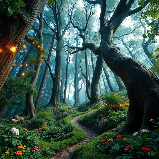 An enchanting forest tilted at a 90-degree angle, creating a surreal and otherworldly perspective