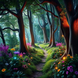 An enchanting forest tilted at a 90-degree angle, creating a surreal and otherworldly perspective