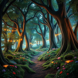 An enchanting forest tilted at a 90-degree angle, creating a surreal and otherworldly perspective