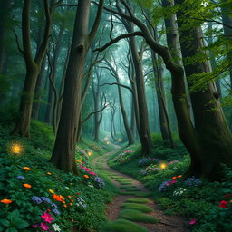 An enchanting forest tilted at a 90-degree angle, creating a surreal and otherworldly perspective