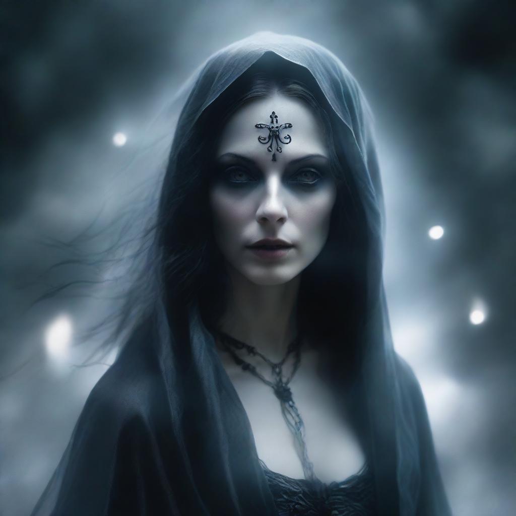 A dramatically intensified album cover featuring a mysterious, beautiful ghost woman in gothic style. Her ethereal presence is accentuated by swirling, stormy dark skies and an all-consuming mystical aura.