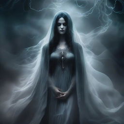 A dramatically intensified album cover featuring a mysterious, beautiful ghost woman in gothic style. Her ethereal presence is accentuated by swirling, stormy dark skies and an all-consuming mystical aura.