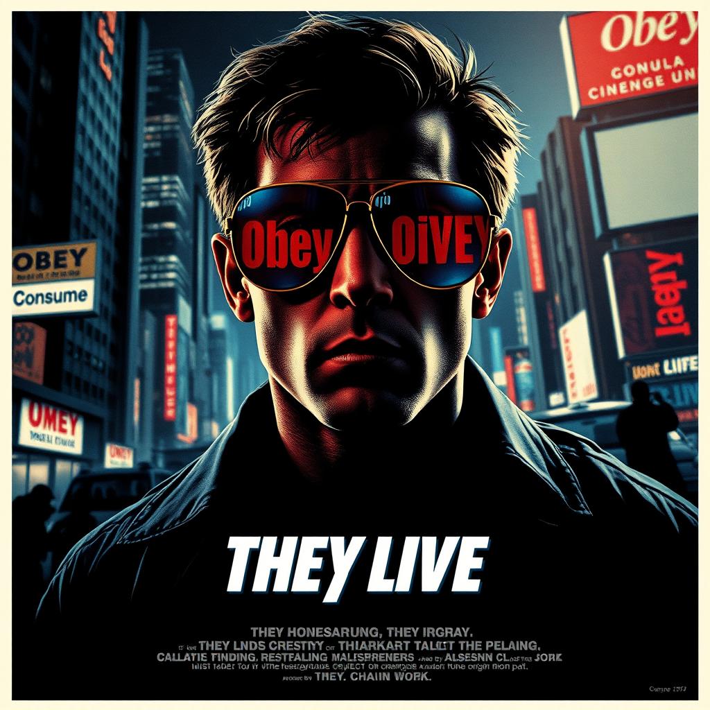 A striking movie poster inspired by 'They Live', featuring a strong lead character with iconic aviator sunglasses that reveal hidden messages in the world around them