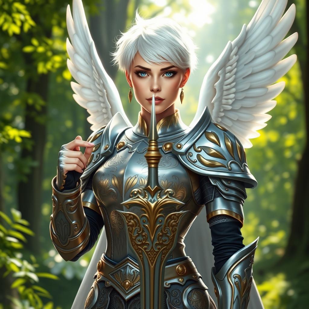 A powerful female aasimar paladin with striking white short hair, wearing ornate silver and gold armor that reflects light beautifully, showcasing intricate celestial engravings