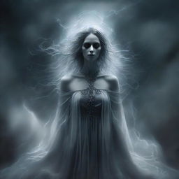 A dramatically intensified album cover featuring a mysterious, beautiful ghost woman in gothic style. Her ethereal presence is accentuated by swirling, stormy dark skies and an all-consuming mystical aura.