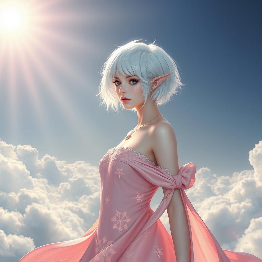 A female aasimar with striking white short hair, radiant skin that has a celestial glow, and ethereal features such as pointed ears and shimmering eyes