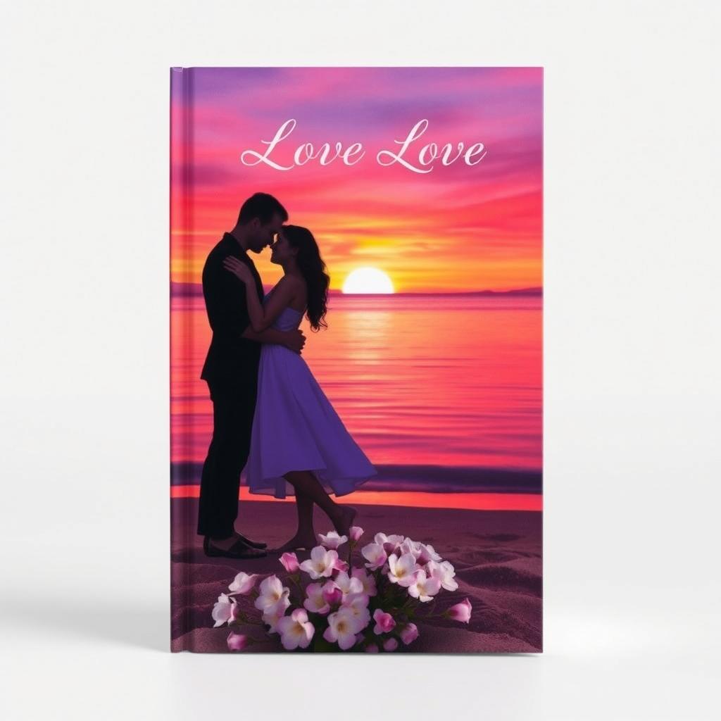 A romantic book cover featuring a stunning sunset over a calm sea, with two silhouettes of lovers embracing on the beach