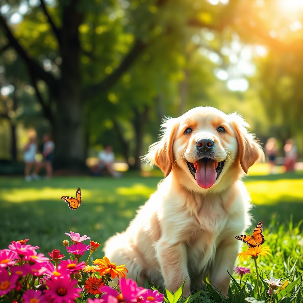 A playful golden retriever puppy sitting in a lush green park, with its tongue out and a bright, happy expression
