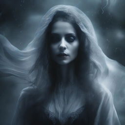 A dramatically intensified album cover featuring a mysterious, beautiful ghost woman in gothic style. Her ethereal presence is accentuated by swirling, stormy dark skies and an all-consuming mystical aura.