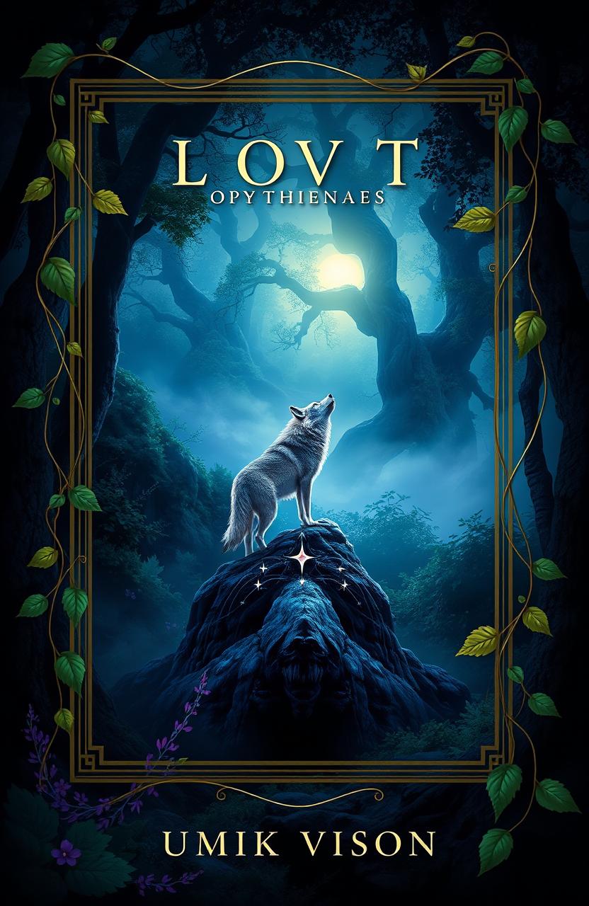 A stunning book cover design featuring a mystical forest at twilight, with an ethereal light shining through the trees