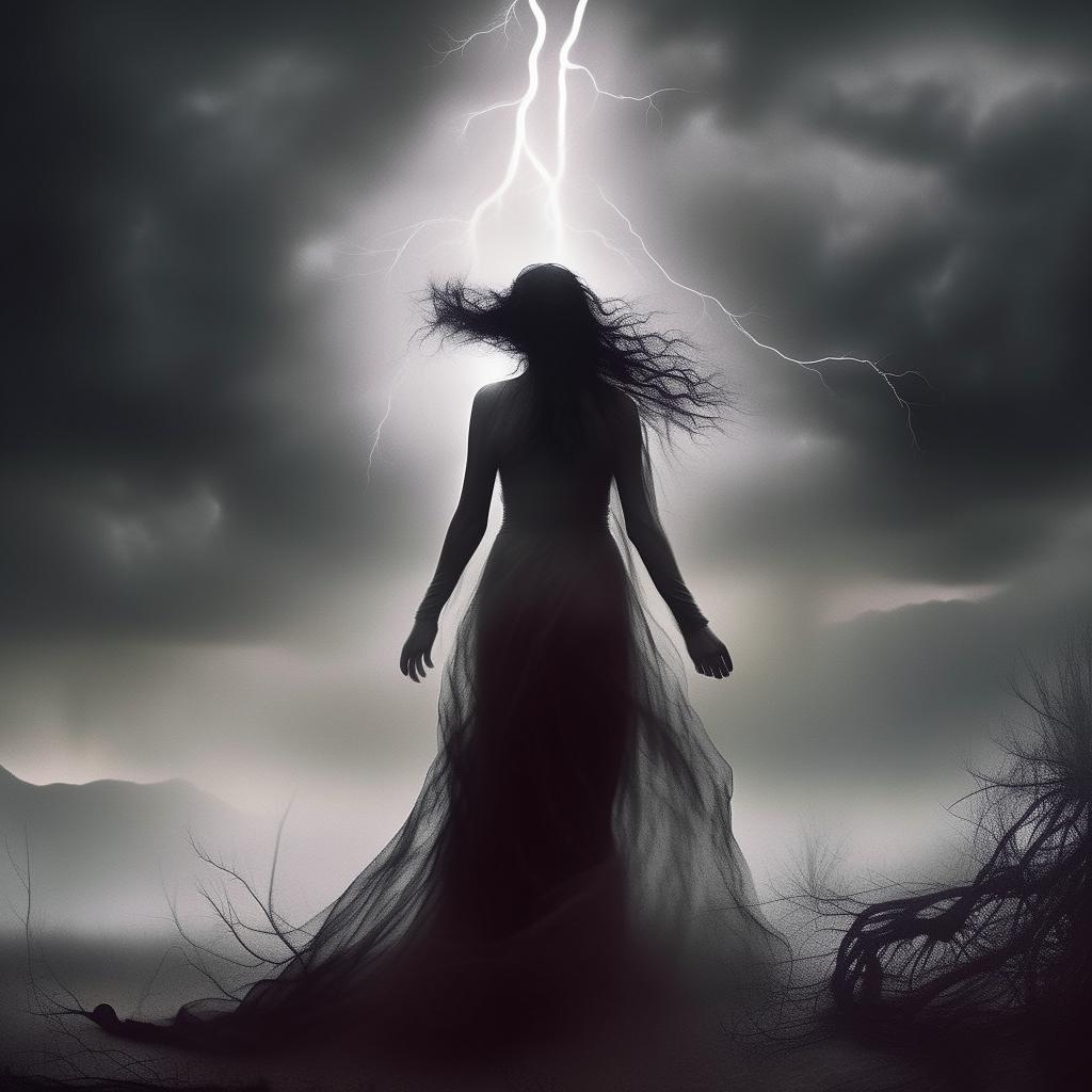 An epic album cover featuring a gothic ghost woman, shrouded in mystery and beauty. The scene is engulfed in a fierce storm, lightning crackling in the background, intensifying the dramatic, mystical aura of the woman.