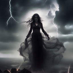 An epic album cover featuring a gothic ghost woman, shrouded in mystery and beauty. The scene is engulfed in a fierce storm, lightning crackling in the background, intensifying the dramatic, mystical aura of the woman.