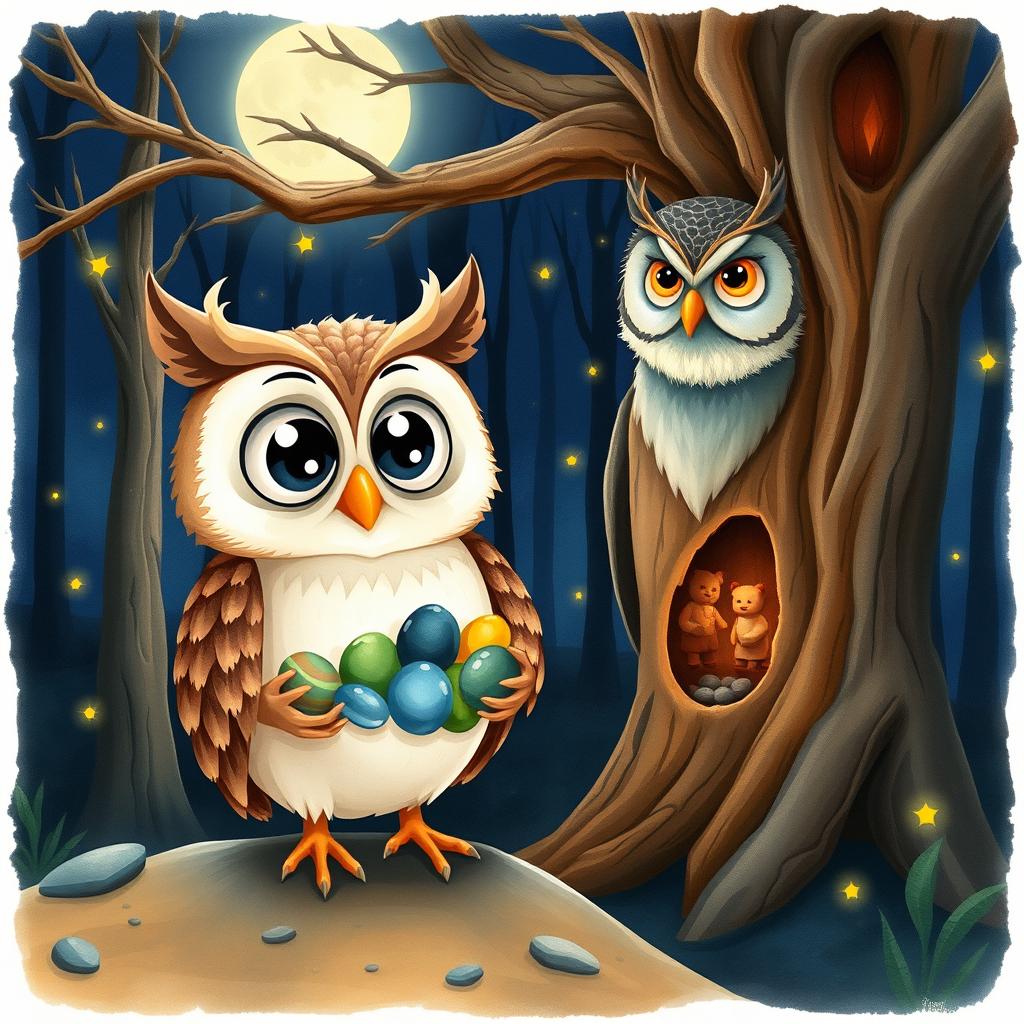 A cartoon owl with large eyes holding blue, green, and yellow pebbles against the backdrop of a night forest