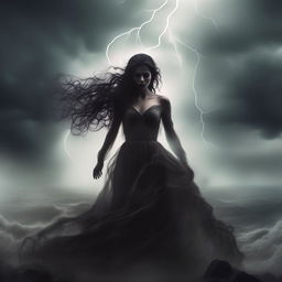 An epic album cover featuring a gothic ghost woman, shrouded in mystery and beauty. The scene is engulfed in a fierce storm, lightning crackling in the background, intensifying the dramatic, mystical aura of the woman.