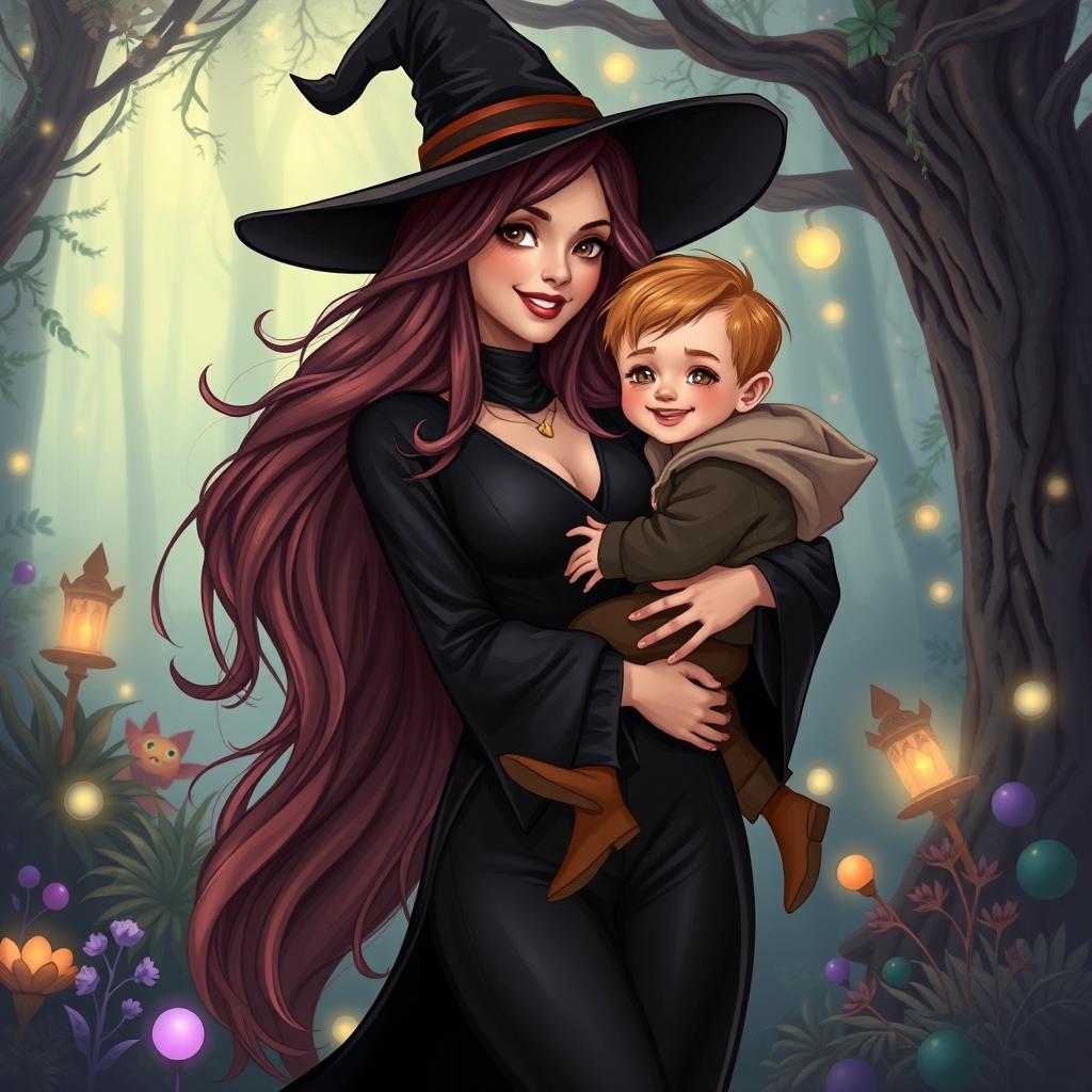 A captivating illustration of a beautiful and alluring witch with long, flowing hair, dressed in a stylish, form-fitting black robe that highlights her curves, and a classic pointed hat