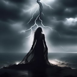 An epic album cover featuring a gothic ghost woman, shrouded in mystery and beauty. The scene is engulfed in a fierce storm, lightning crackling in the background, intensifying the dramatic, mystical aura of the woman.