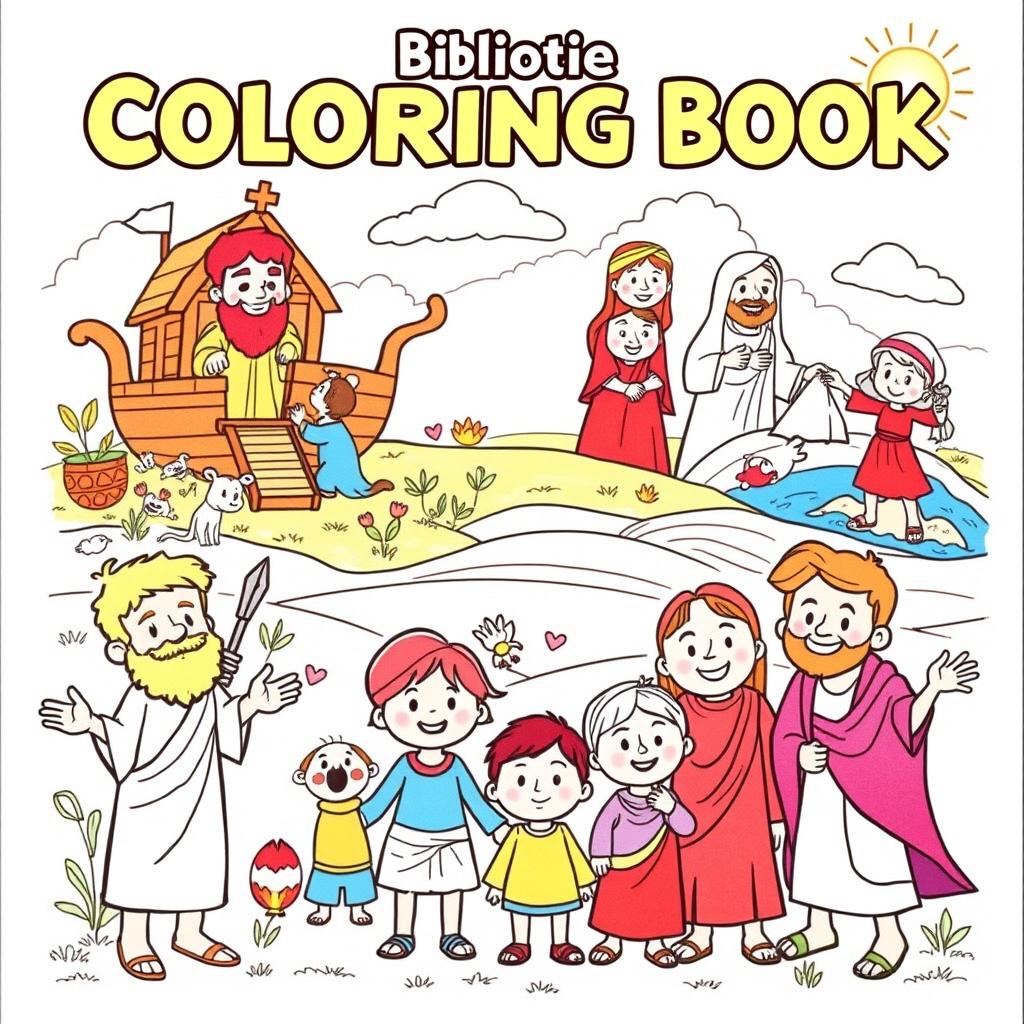 A delightful children's coloring book featuring various biblical stories, illustrated with playful and engaging scenes