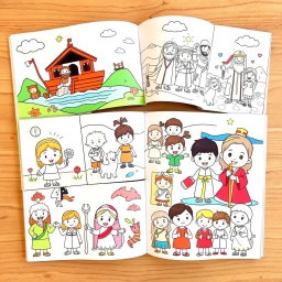 A delightful children's coloring book featuring various biblical stories, illustrated with playful and engaging scenes