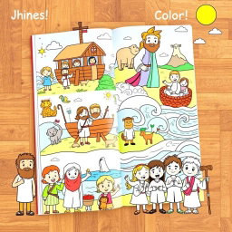 A delightful children's coloring book featuring various biblical stories, illustrated with playful and engaging scenes