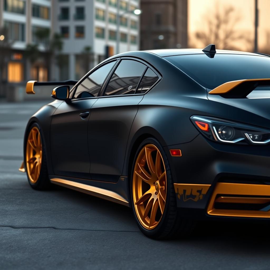 A matte black car showcasing a sleek and modern design, adorned with striking matte gold decals that add a luxurious touch
