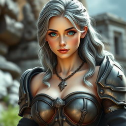 A real life photo of a busty, delicate but athletic girl with a kind personality, depicted as a cleric