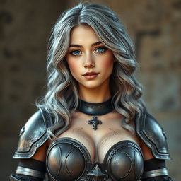 A real life photo of a busty, delicate but athletic girl with a kind personality, depicted as a cleric