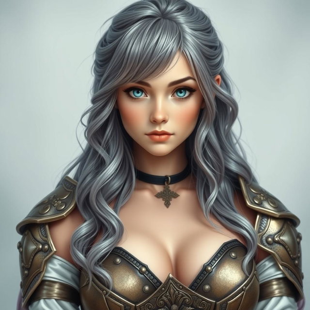 A real-life photograph of a busty, shy, yet athletic cleric girl, showcasing her delicate features and caring personality