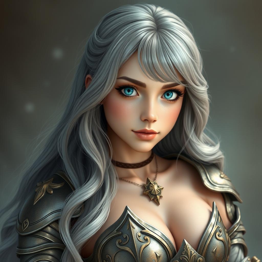 A real-life photograph of a busty, shy, yet athletic cleric girl, showcasing her delicate features and caring personality