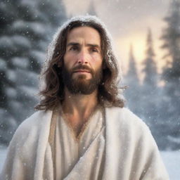 A portrait of Jesus of Nazareth set against a snowy and forested Siberian background with a gentle snowfall and warm aura emanating from him.