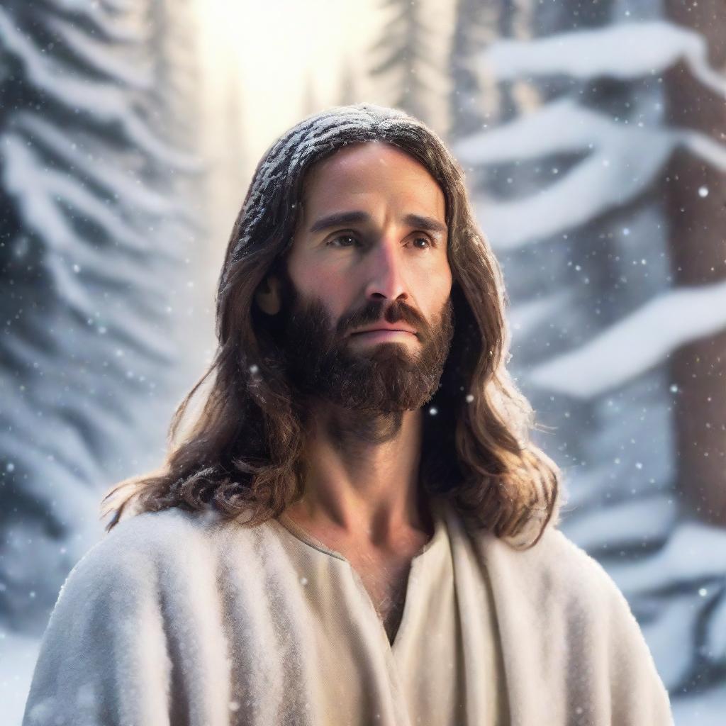 A portrait of Jesus of Nazareth set against a snowy and forested Siberian background with a gentle snowfall and warm aura emanating from him.