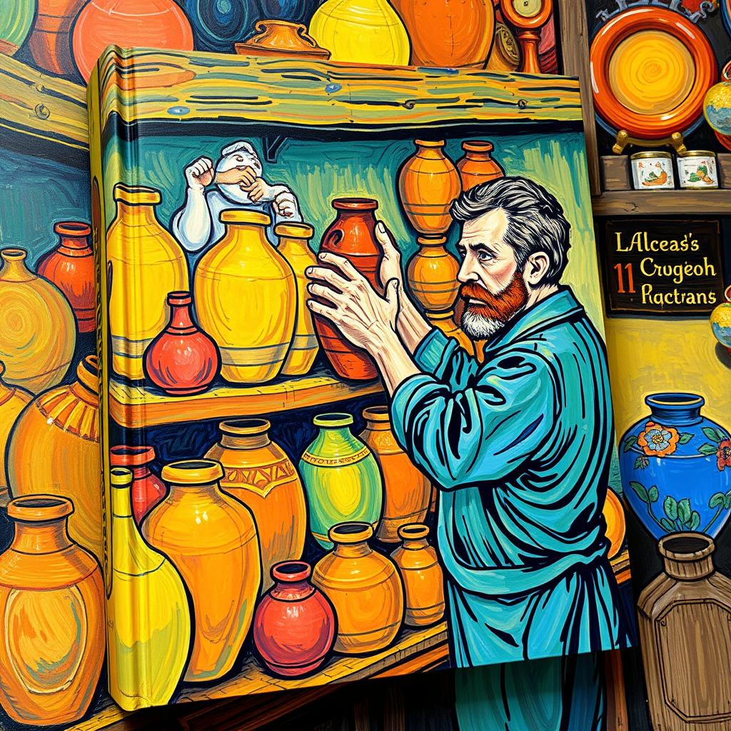 A book cover illustrated in the vibrant and expressive style of Vincent van Gogh, depicting a man in the process of carefully placing a clay amphora on a shelf filled with various other amphoras
