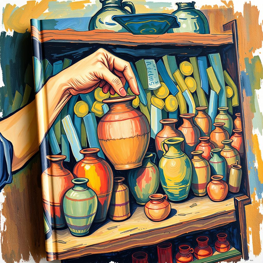 A book cover illustrated in the vibrant and expressive style of Vincent van Gogh, showcasing the hands of a person delicately placing a clay amphora on a shelf filled with various other amphoras